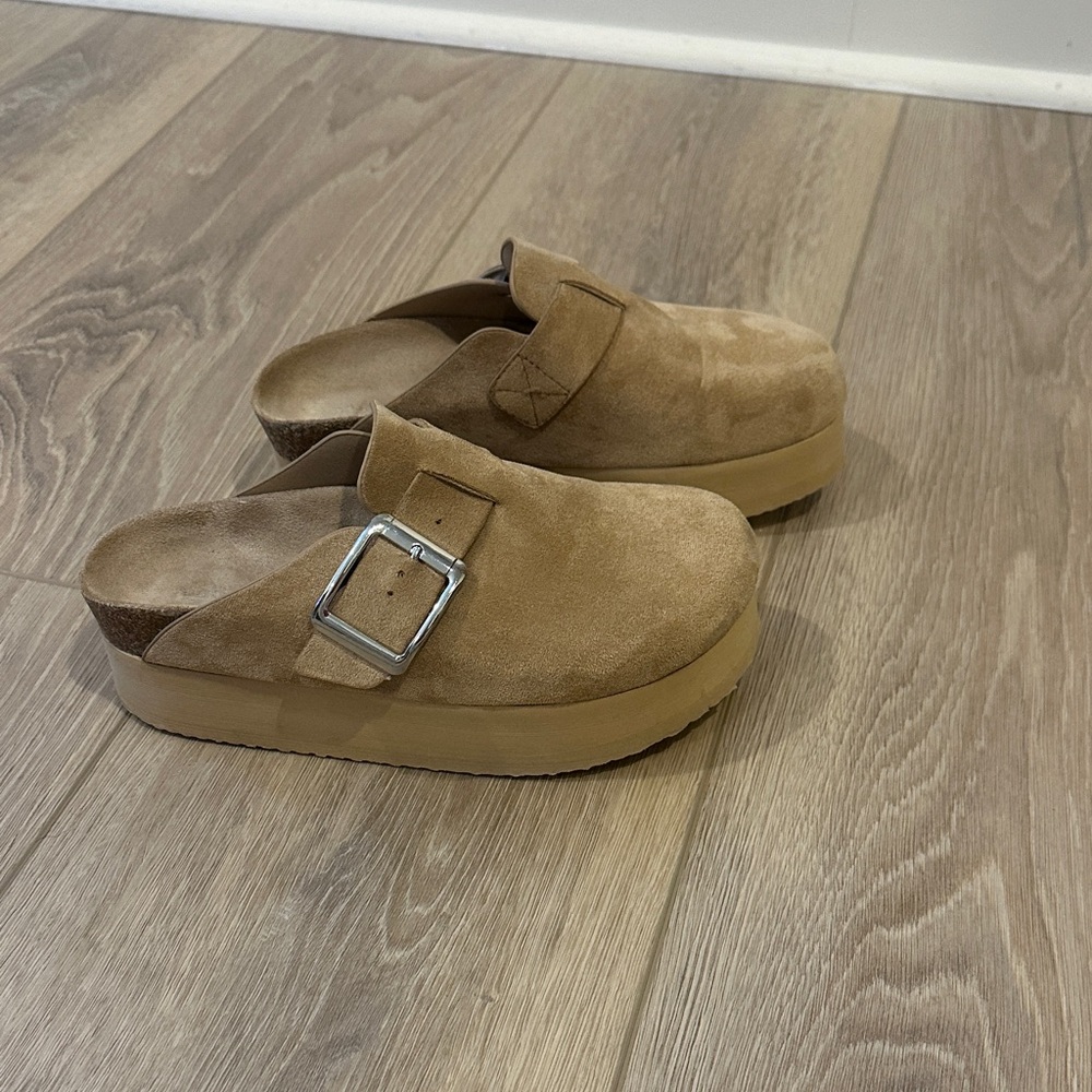 Madden Girl Tan Suede Mules with Buckle